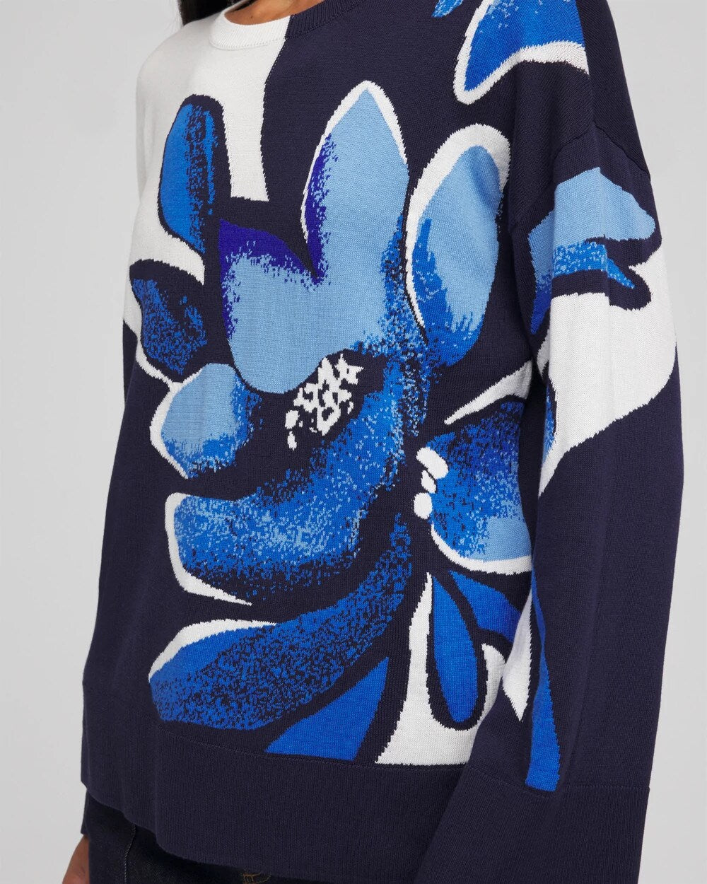Chico's | Floral Intarsia Crewneck Pullover/ Tidal Blue