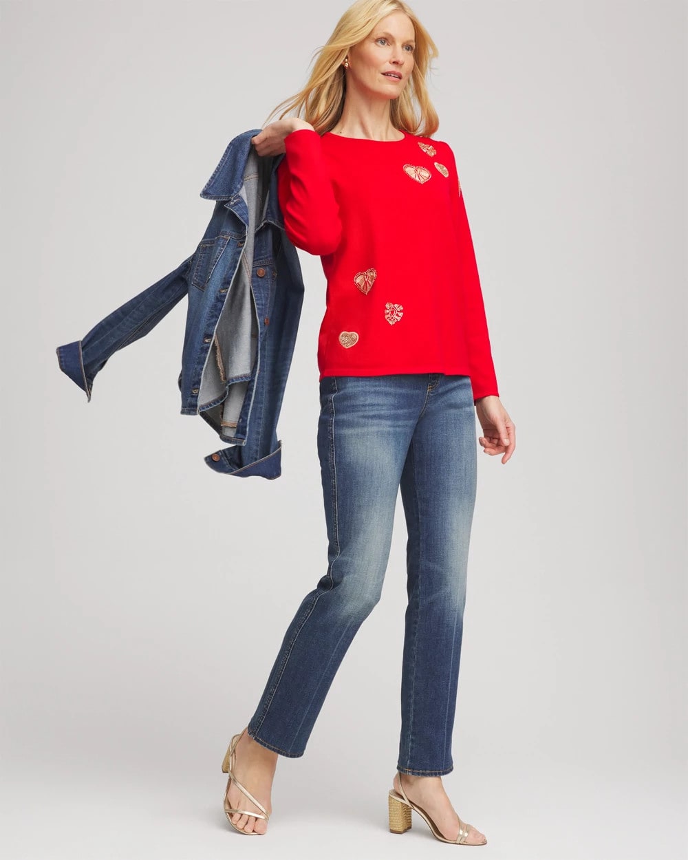 Chico's | V-Day Embroidered Heart Pullover/ Love Letter Red