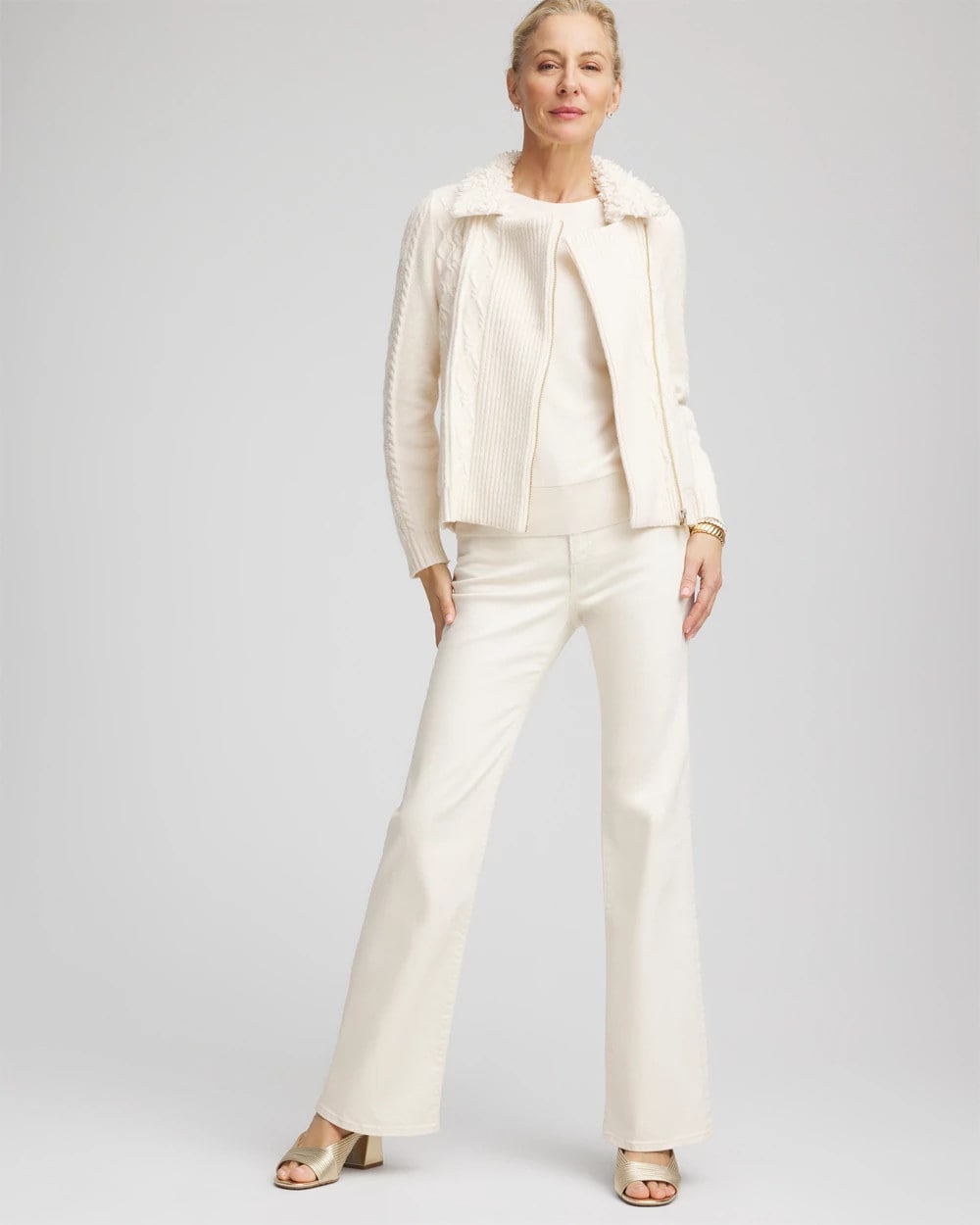 Chico's | Fur Trim Moto Cardigan/ English Cream