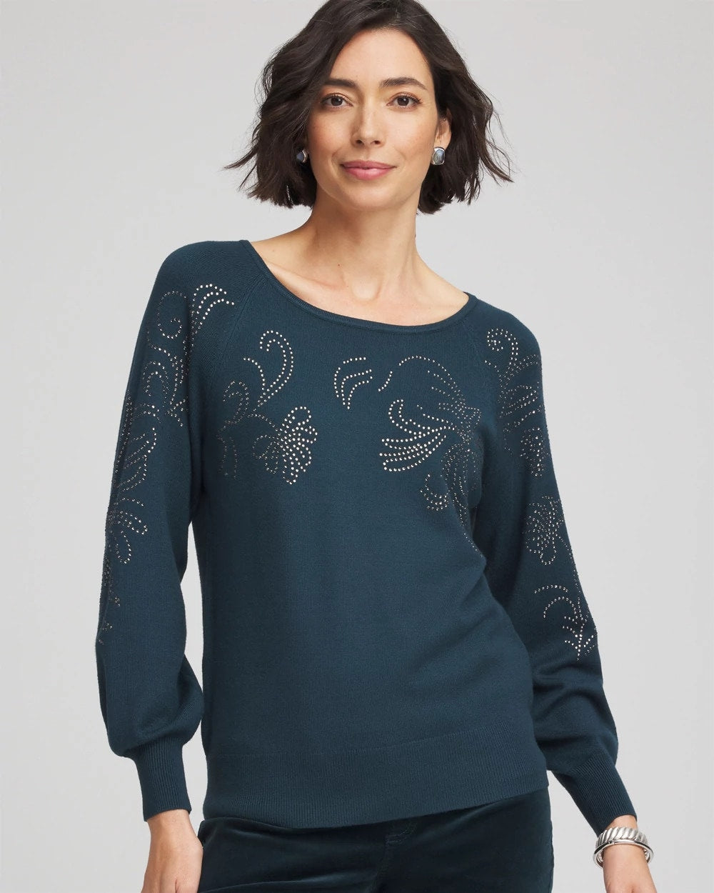 Chico's | Heatset Embroidered Pullover/ Teal Shadow