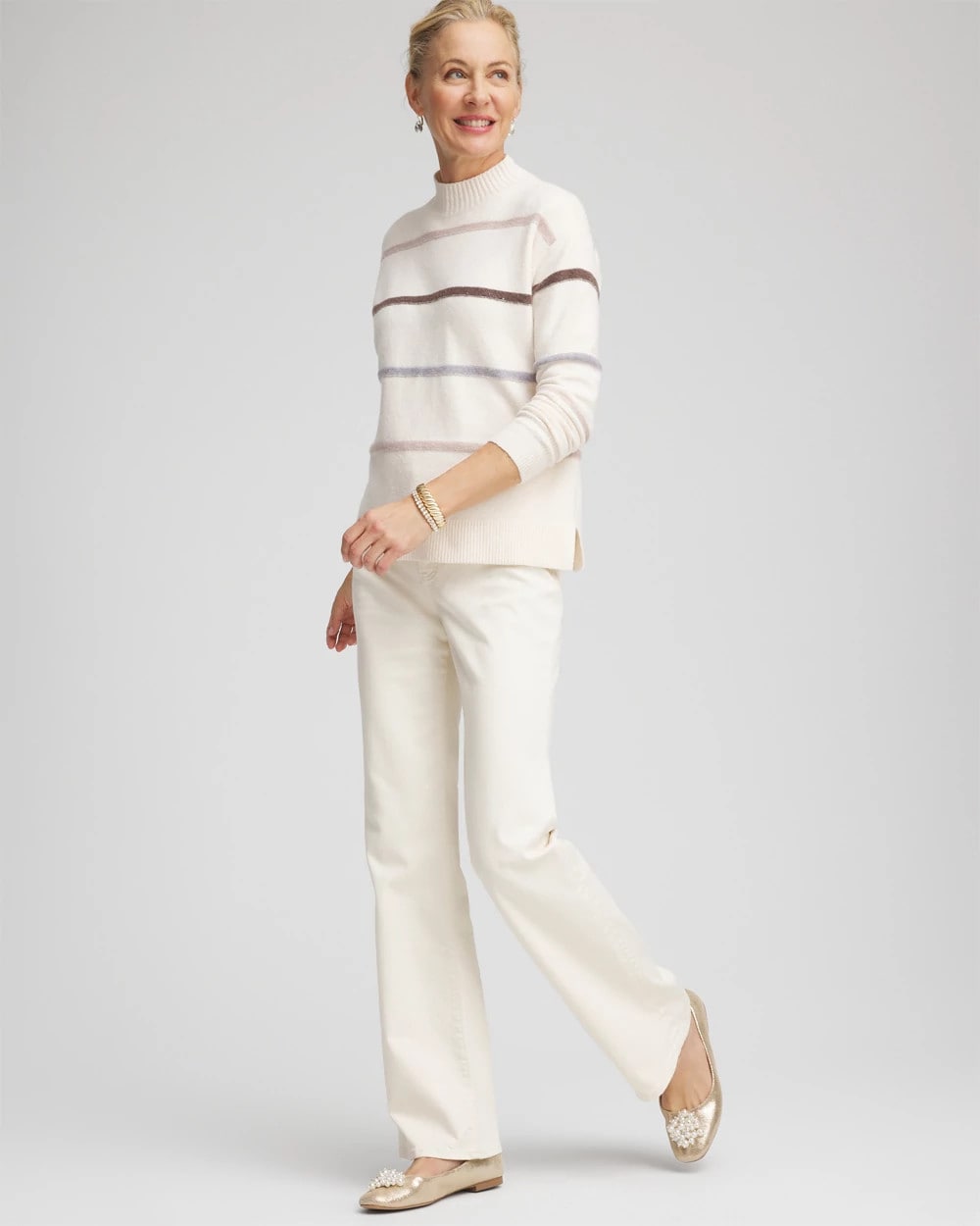 Chico's | Sequined Stripe Pullover Sweater/ English Cream