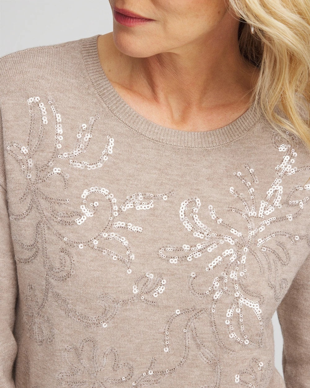 Chico's | Floral Sequined Pullover/ Smokey Taupe