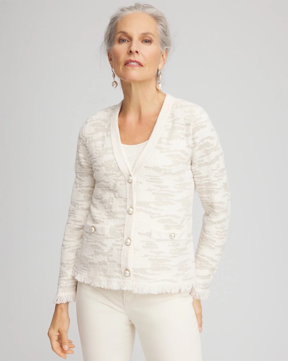 Chico's | Fringe Textured V-Neck Cardigan/ English Cream
