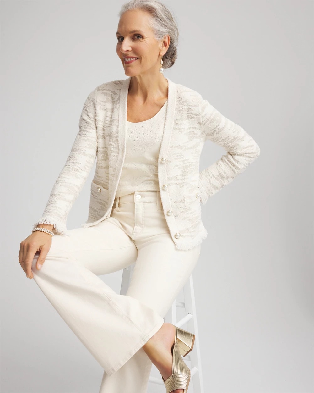 Chico's | Fringe Textured V-Neck Cardigan/ English Cream