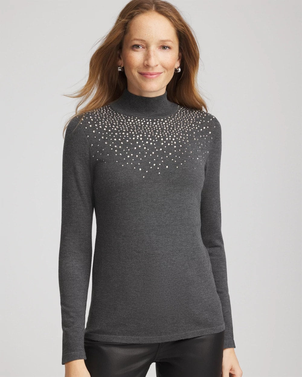 Chico's | Ella Rhinestone Mockneck Sweater/ Graphite Gray
