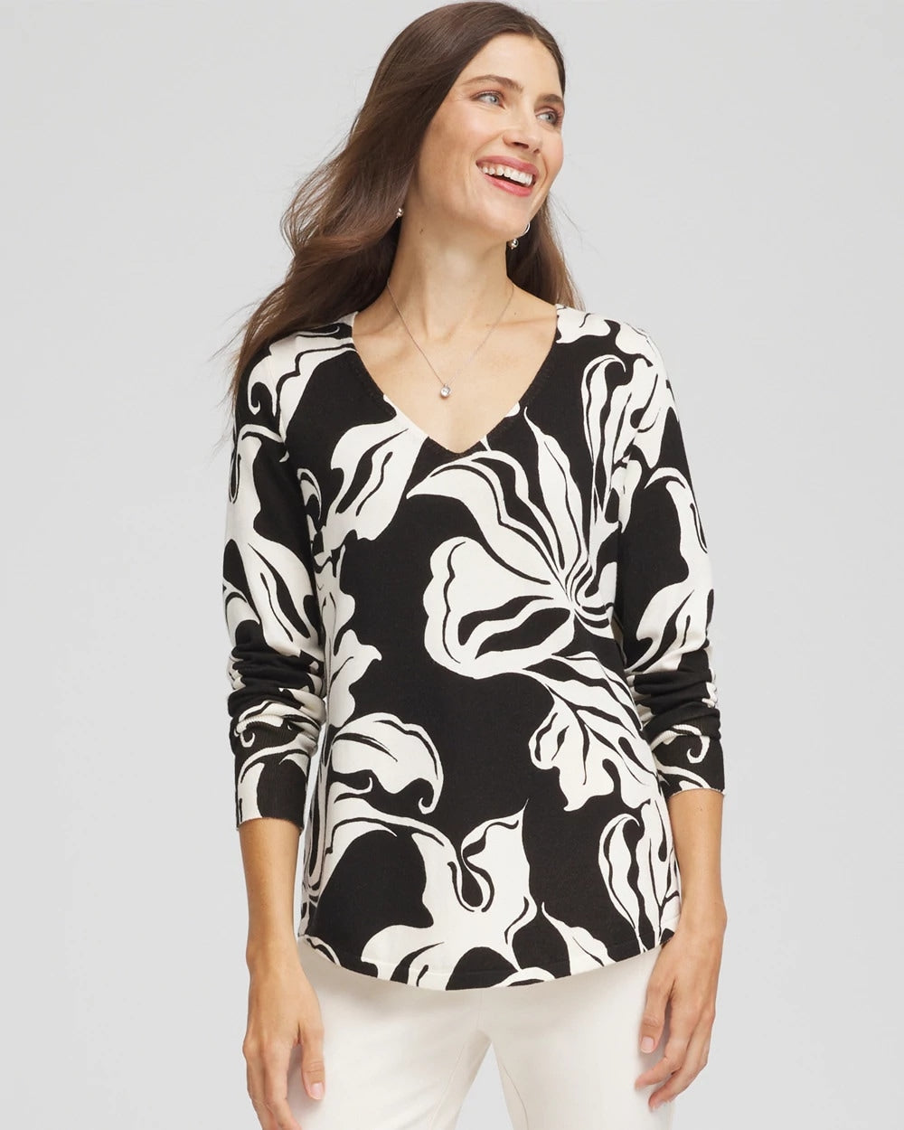 Chico's | Ella Printed V-Neck Sweater/ Black