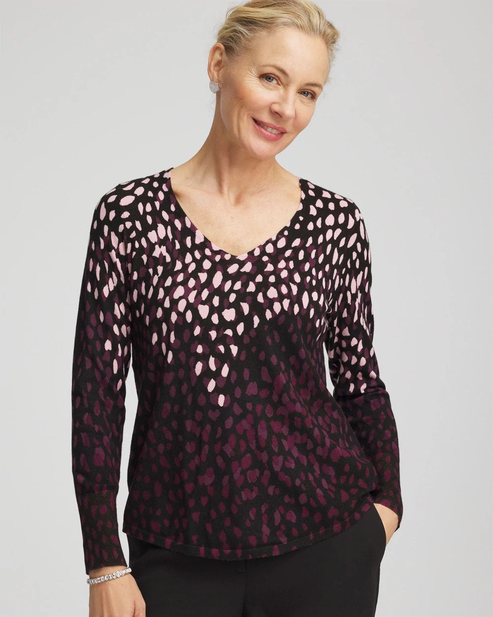 Chico's | Ella Printed V-Neck Sweater/ Black