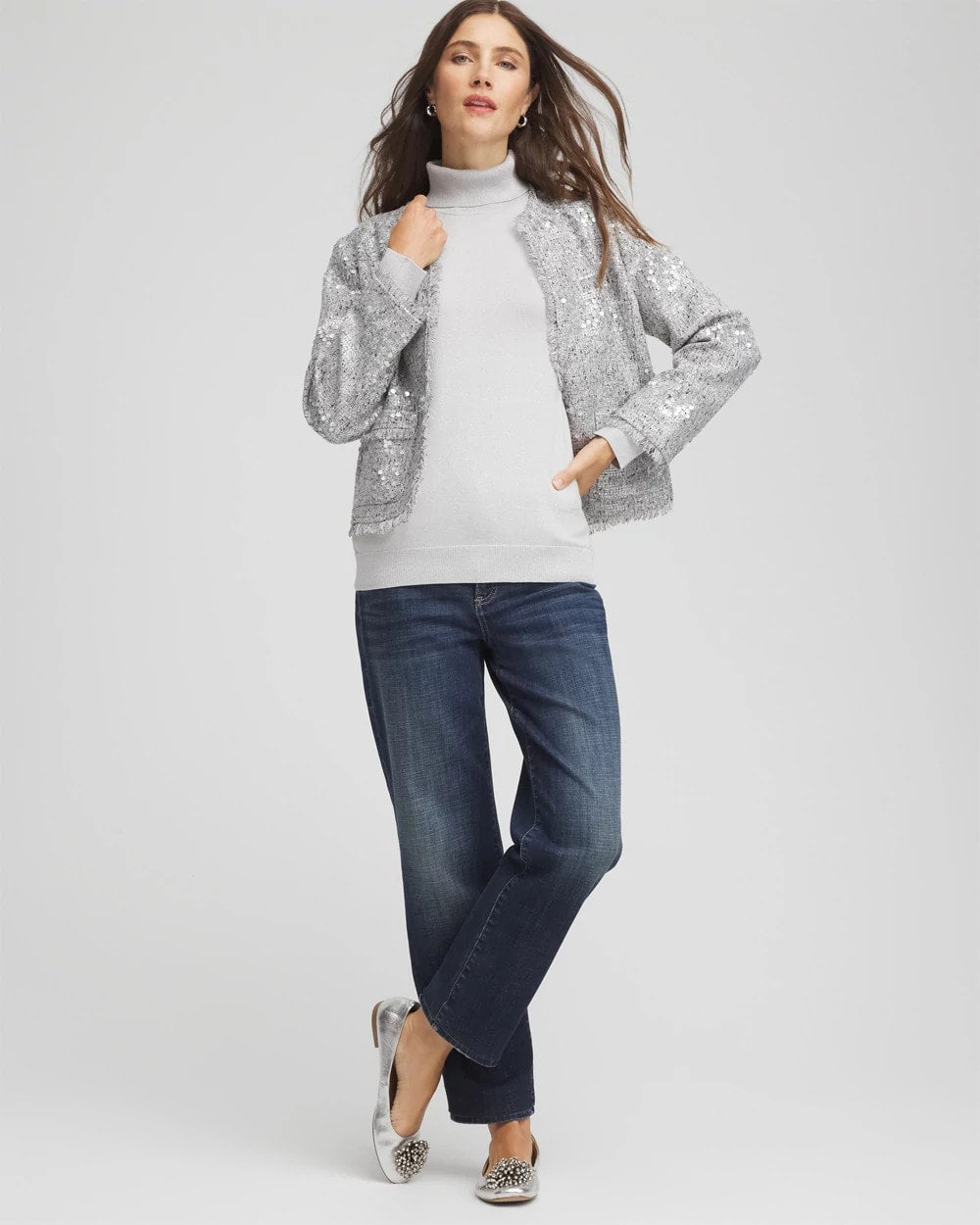 Chico's | Metallic Turtleneck Pullover Sweaters/ Silver Glitter