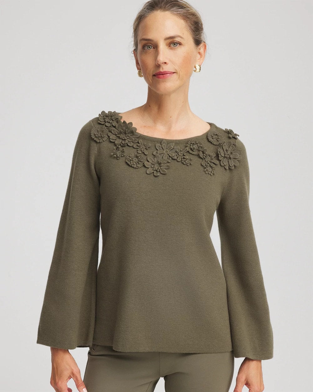 Chico's | Appliqué Flared-Sleeve Sweater/ Nettle Leaf