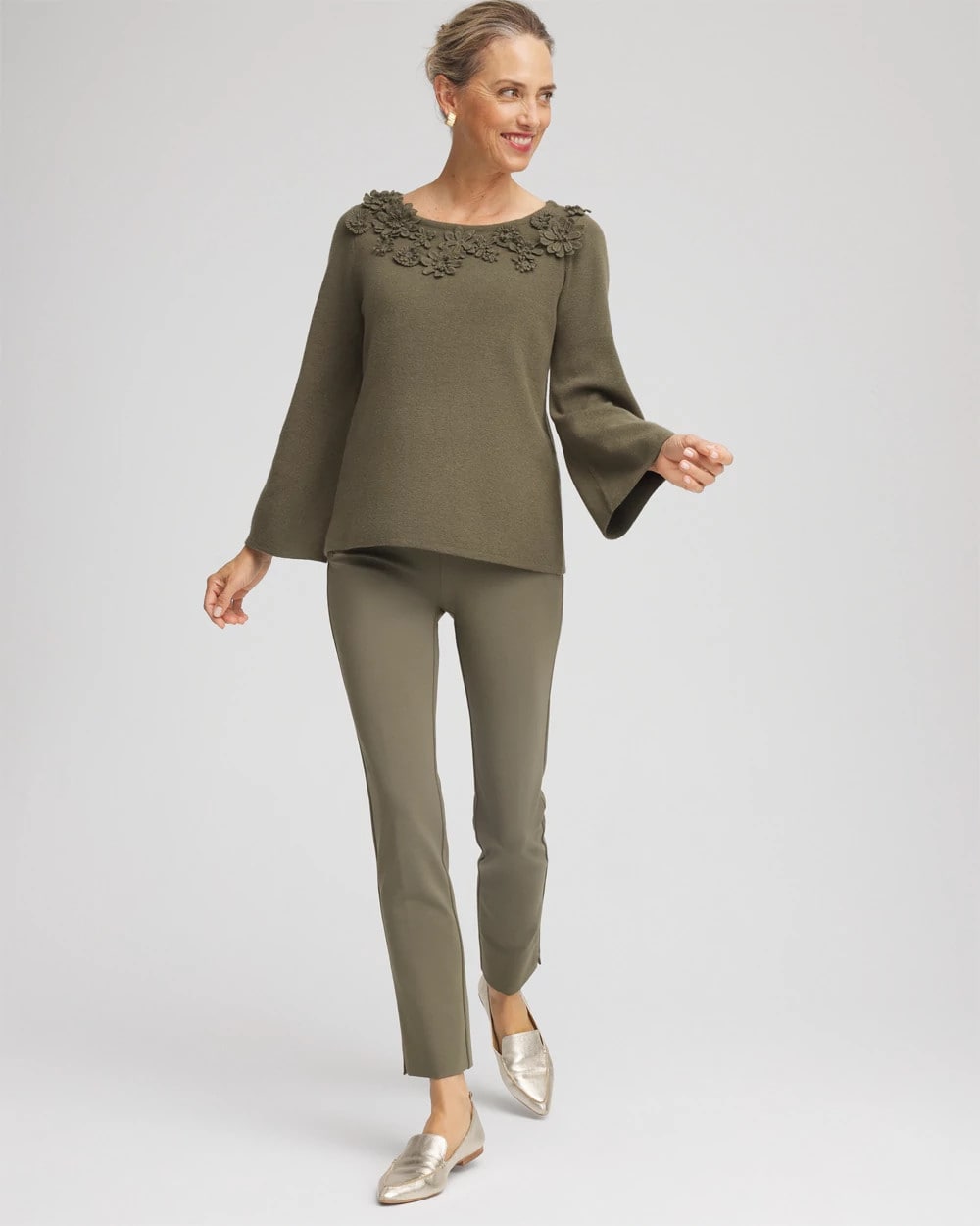 Chico's | Appliqué Flared-Sleeve Sweater/ Nettle Leaf