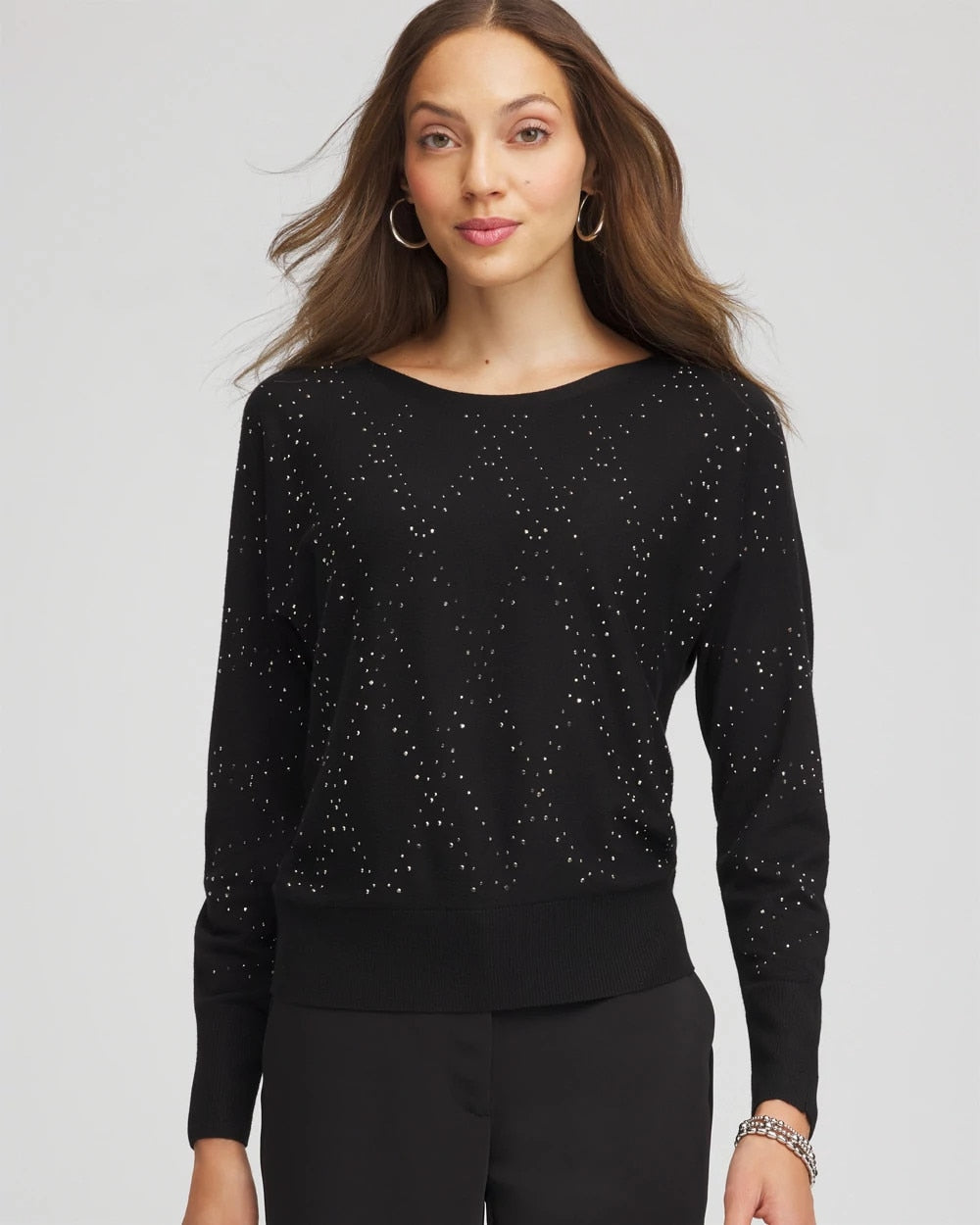 Chico's | Ella Embellished Dolman Pullover Sweater/ Black