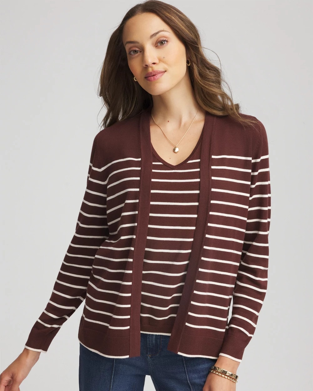 Chico's | Ella Striped Long-Sleeve Cardigan/ Cacao