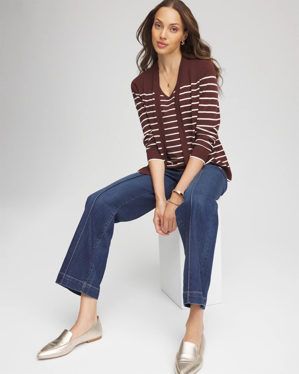 Chico's | Ella Striped Long-Sleeve Cardigan/ Cacao