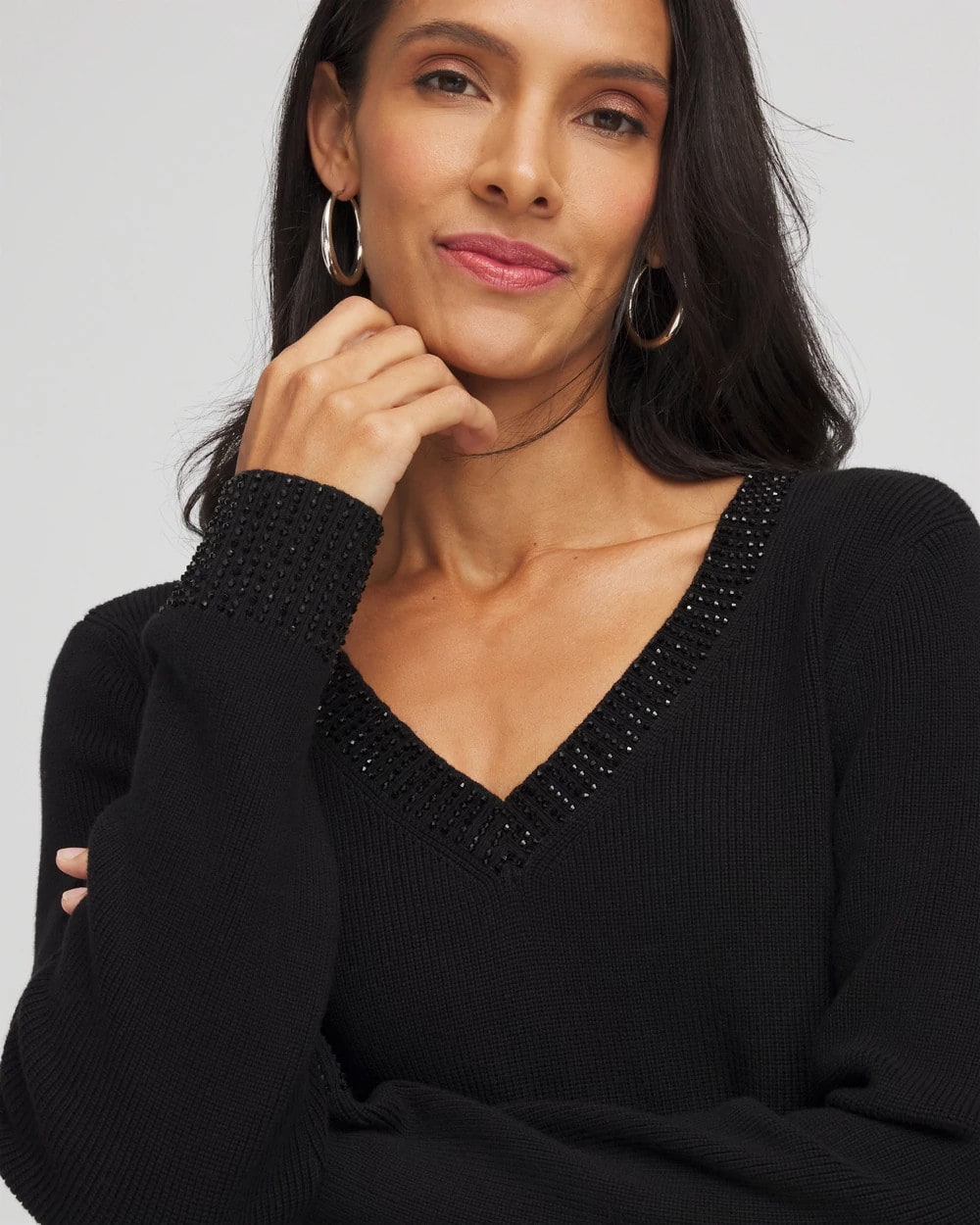 Chico's | Embellished V-Neck Pullover Sweater/ Black