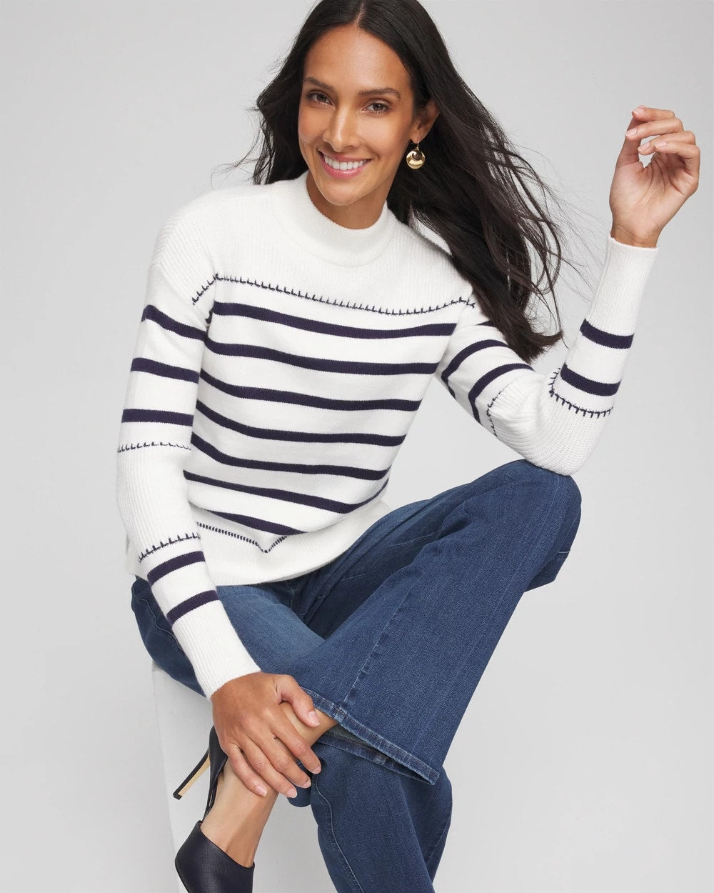 Chico's | Striped Relaxed Mockneck Pullover/ Ecru