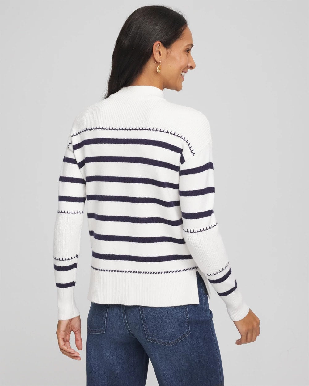 Chico's | Striped Relaxed Mockneck Pullover/ Ecru