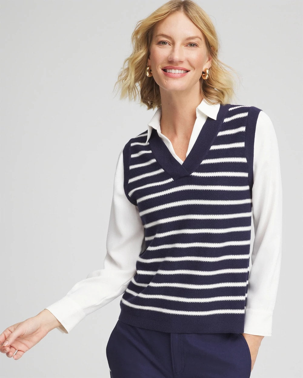 Chico's | Striped V-Neck 2 in 1 Sweater Vest/ Passport Blue
