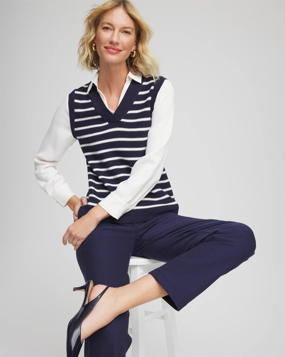 Chico's | Striped V-Neck 2 in 1 Sweater Vest/ Passport Blue