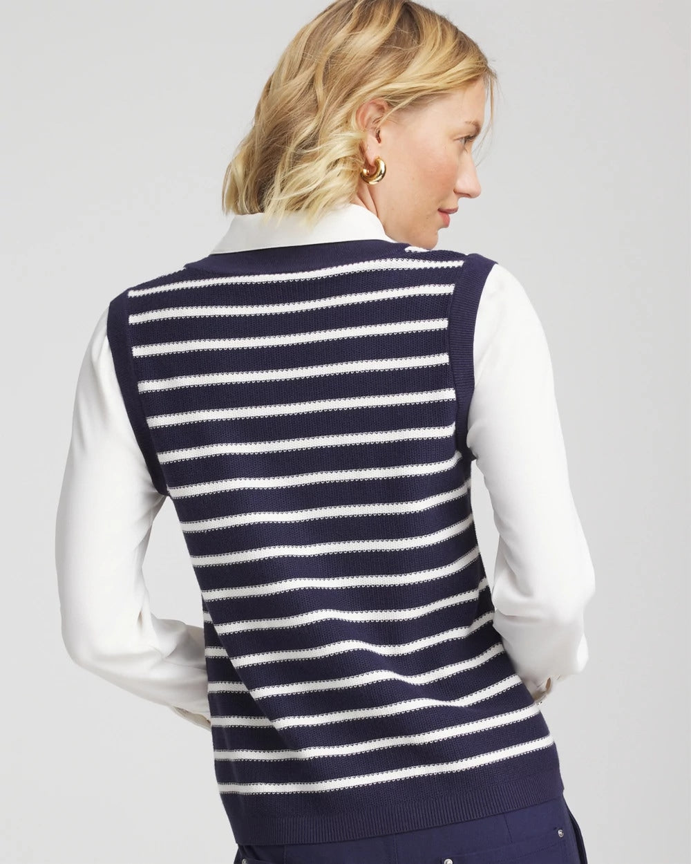 Chico's | Striped V-Neck 2 in 1 Sweater Vest/ Passport Blue