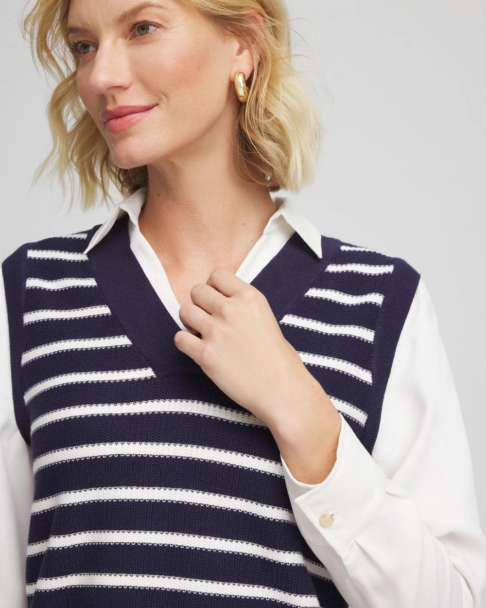 Chico's | Striped V-Neck 2 in 1 Sweater Vest/ Passport Blue