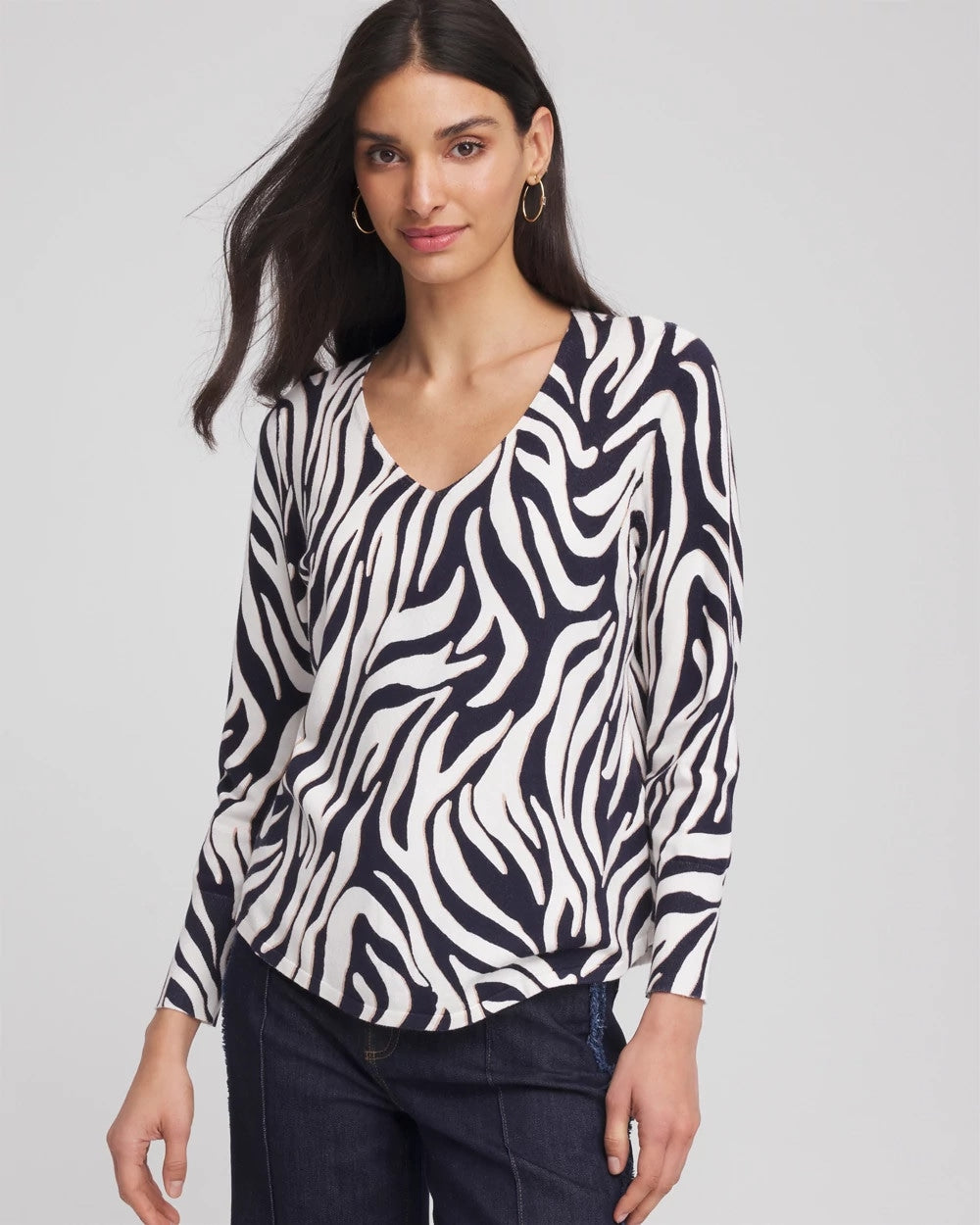 Chico's | Ella Zebra V-Neck Pullover Sweater/ Passport Blue
