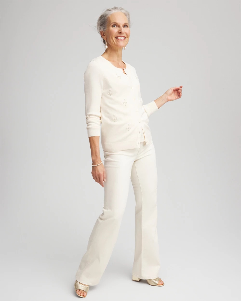 Chico's | Embellished Crewneck Cardigan/ English Cream