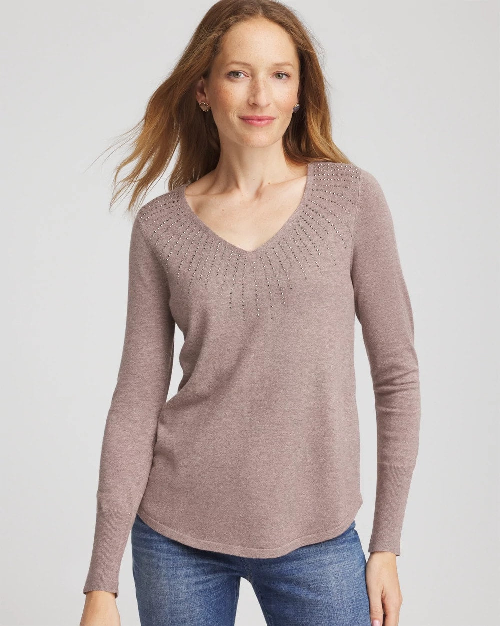 Chico's | Ella Embellished V-Neck Sweater/ Taupe Heather