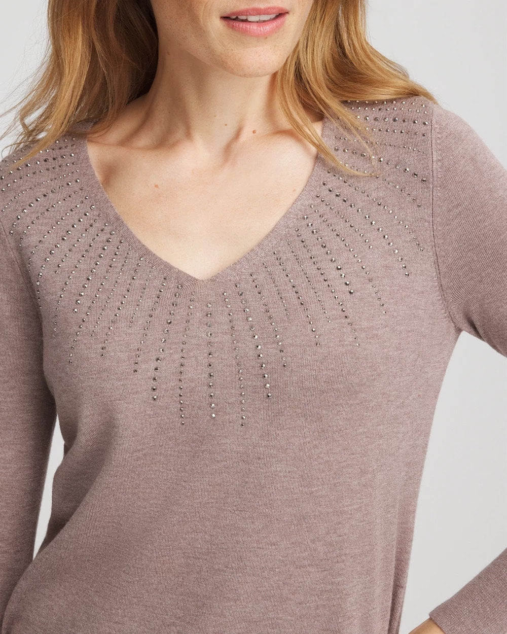 Chico's | Ella Embellished V-Neck Sweater/ Taupe Heather
