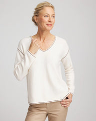 Chico's | Contrast Stitch V-Neck Sweater/ English Cream