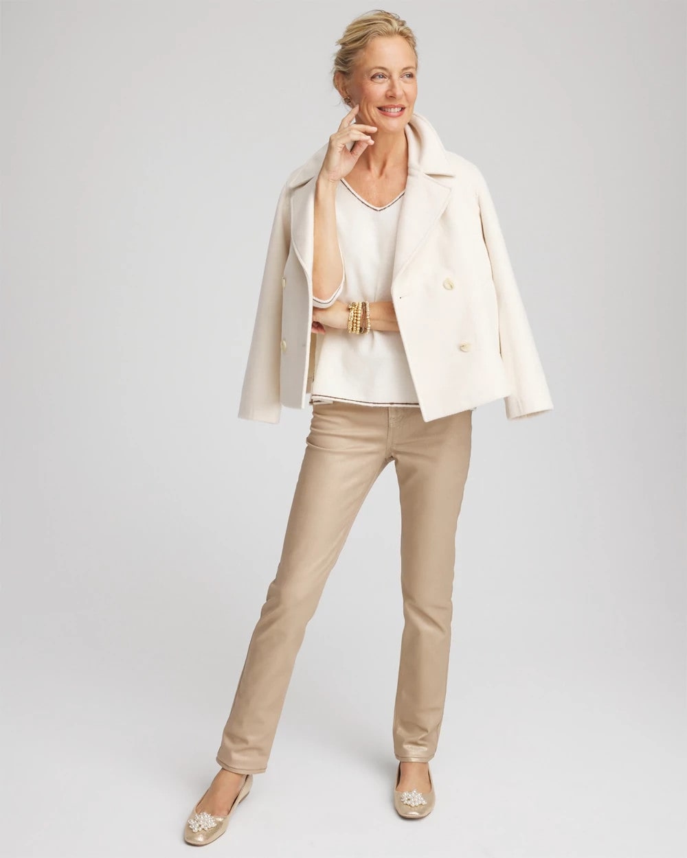 Chico's | Contrast Stitch V-Neck Sweater/ English Cream