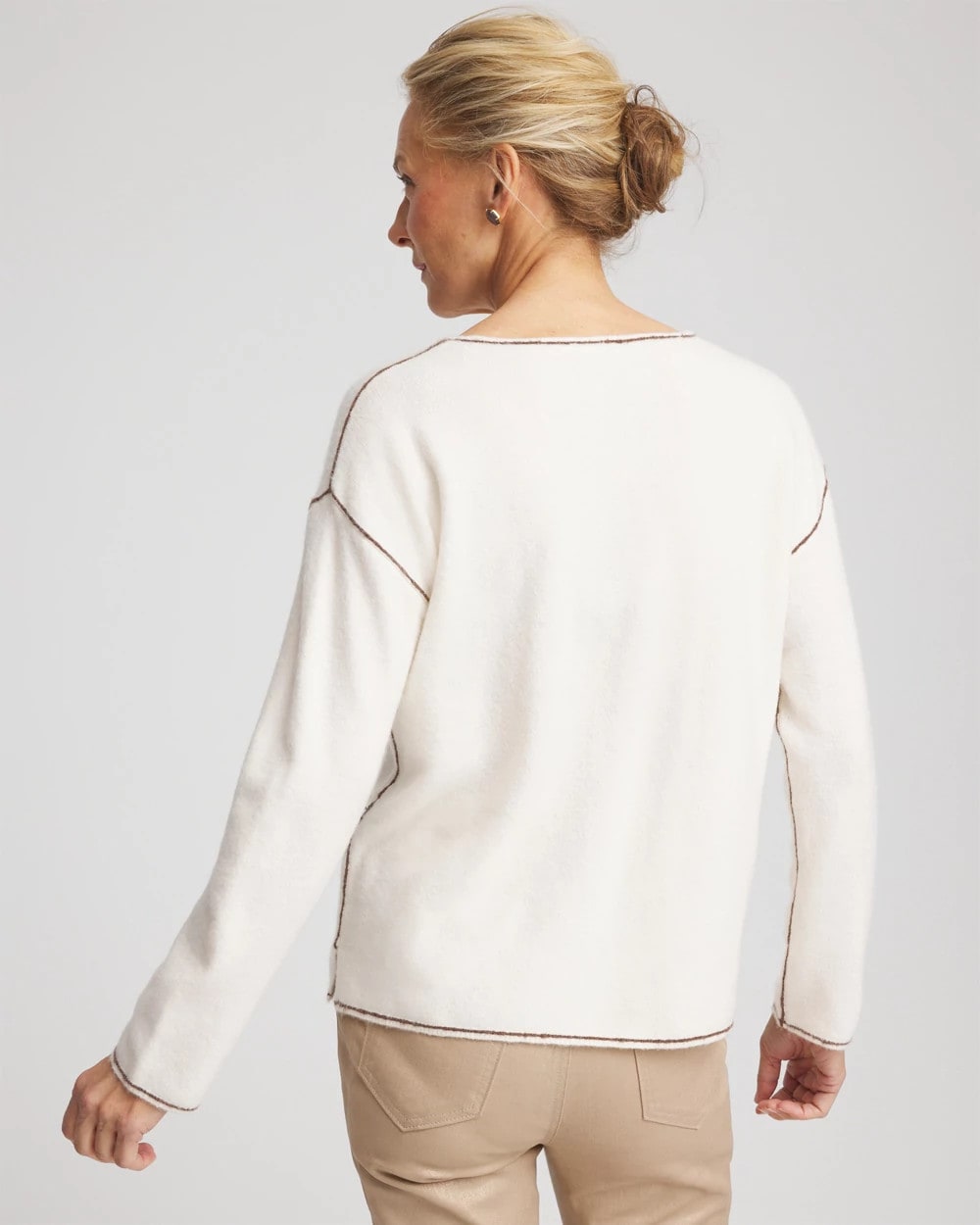 Chico's | Contrast Stitch V-Neck Sweater/ English Cream