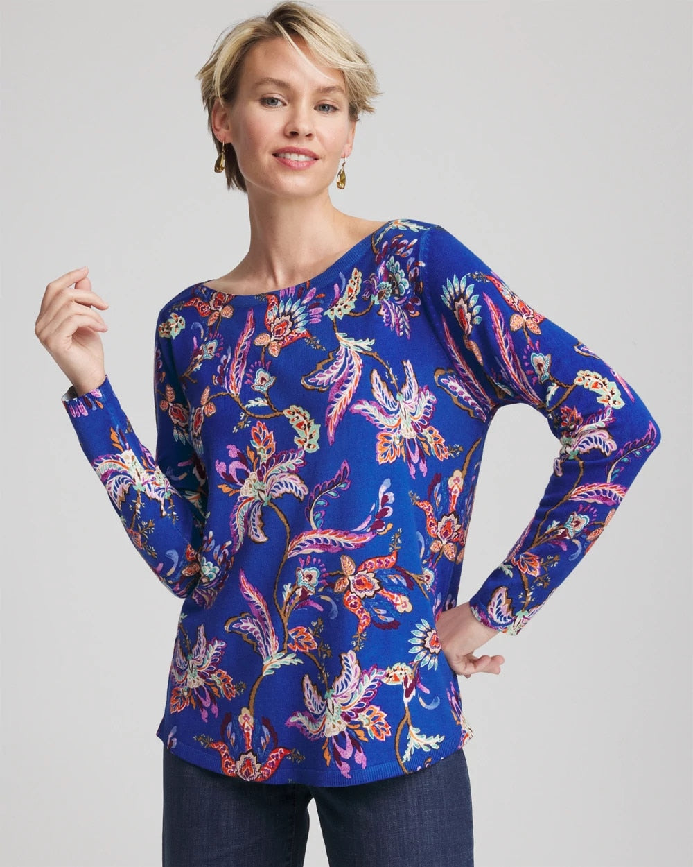 Chico's | Ella Boatneck Printed Pullover Sweater/ Cobalt Stone