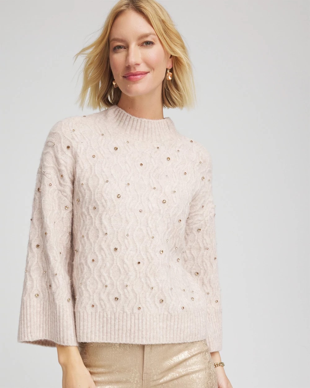 Chico's | Sequined Cable Knit Sweater/ Birch Bark Heather