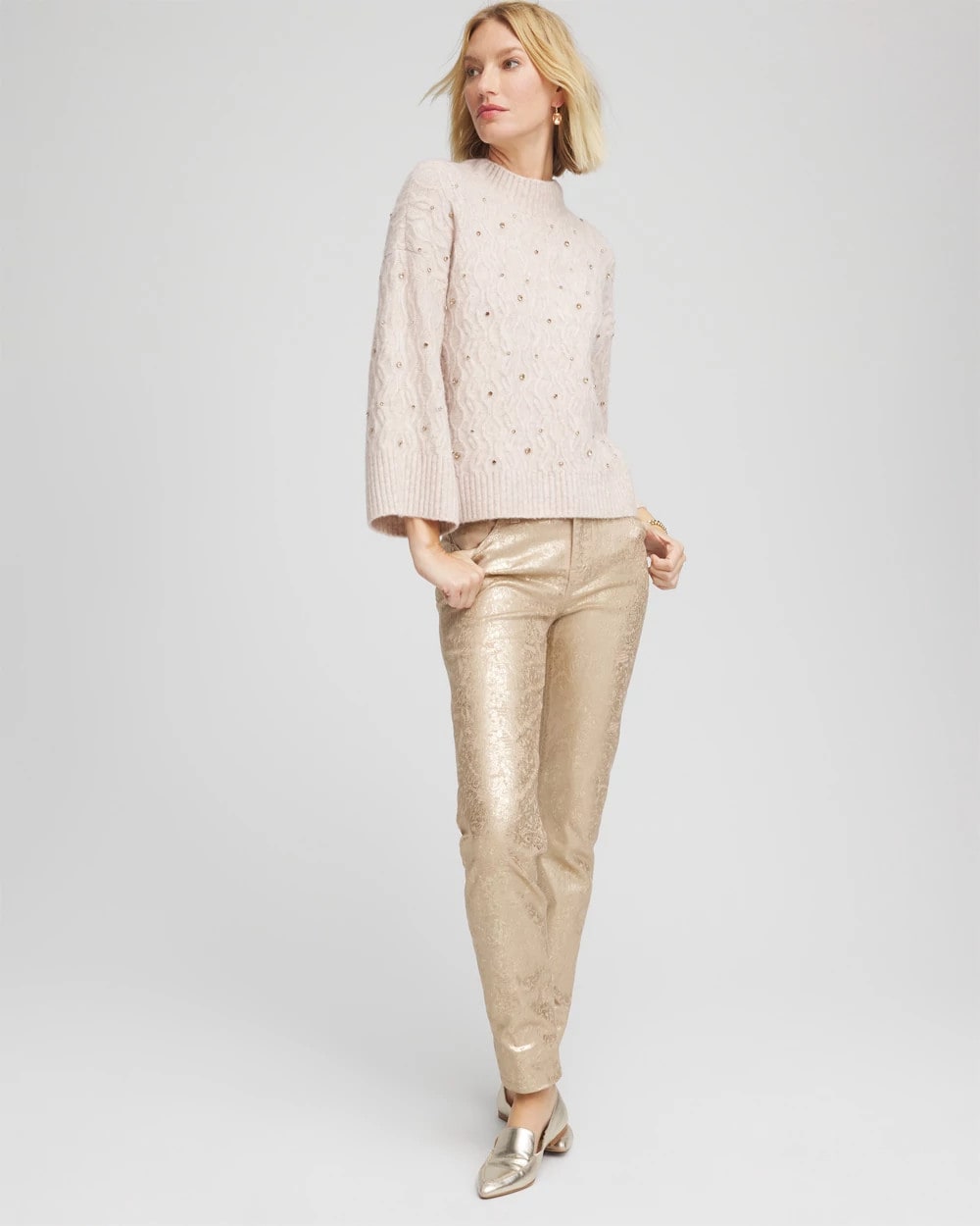 Chico's | Sequined Cable Knit Sweater/ Birch Bark Heather