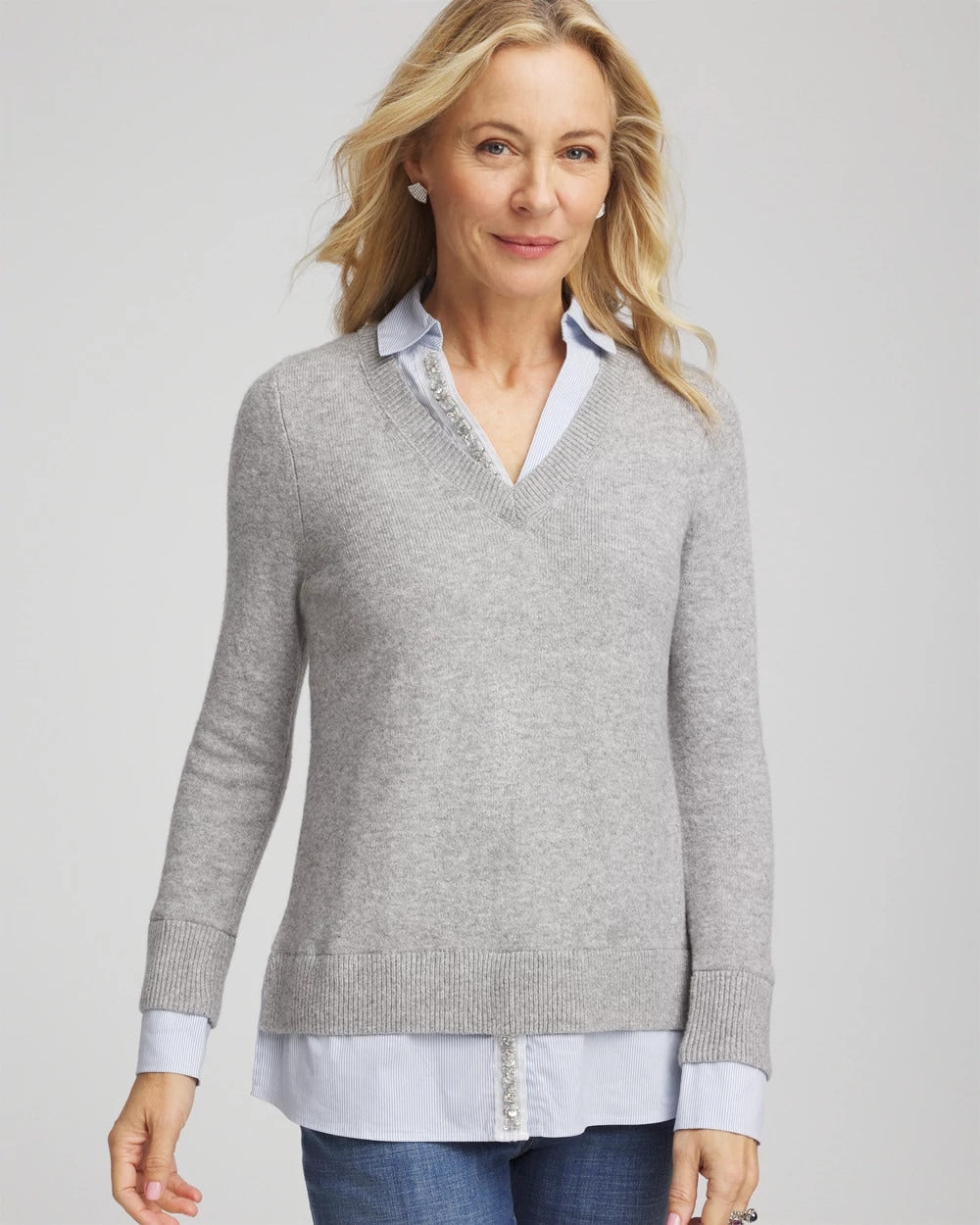 Chico's | Sequin Built-In Shirt Knit Sweater/ Gray