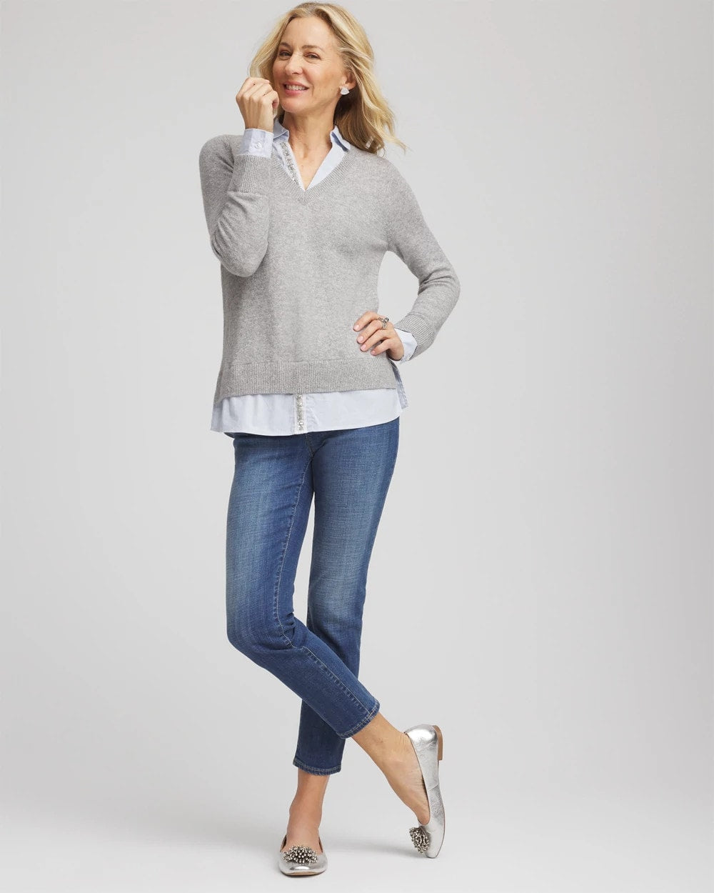 Chico's | Sequin Built-In Shirt Knit Sweater/ Gray