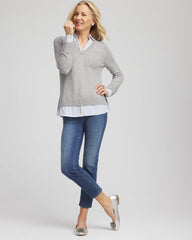 Chico's | Sequin Built-In Shirt Knit Sweater/ Gray