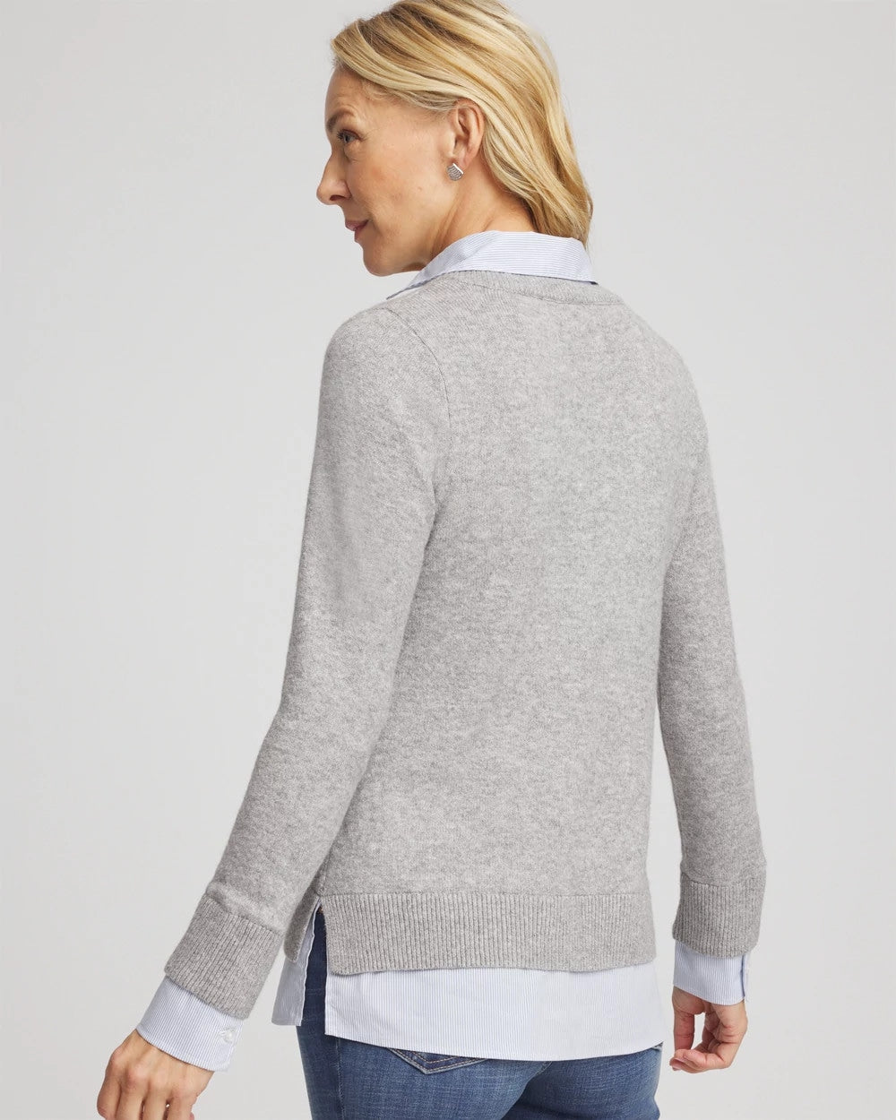 Chico's | Sequin Built-In Shirt Knit Sweater/ Gray