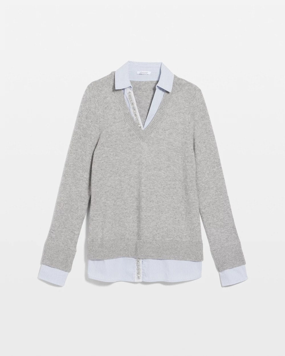 Chico's | Sequin Built-In Shirt Knit Sweater/ Gray