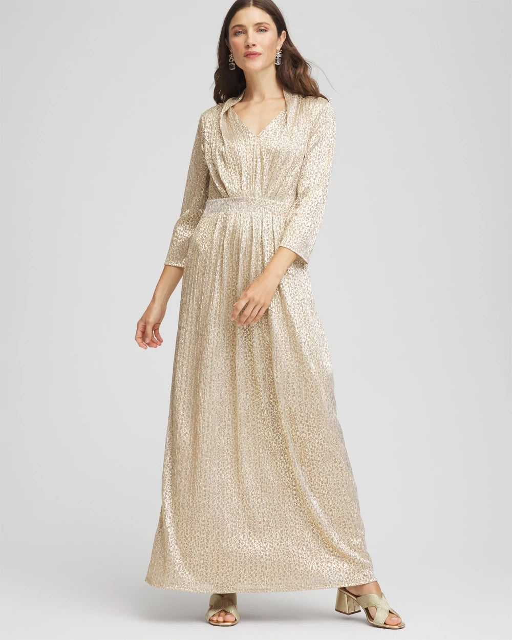 Chico's | Metallic Knit Pleated Maxi Dress/ Gold