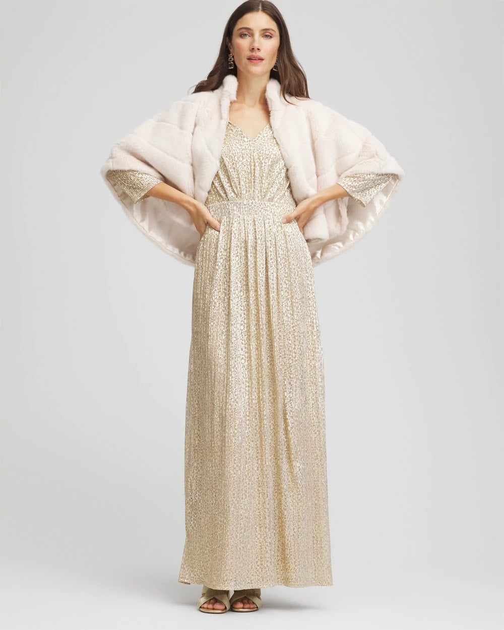 Chico's | Metallic Knit Pleated Maxi Dress/ Gold
