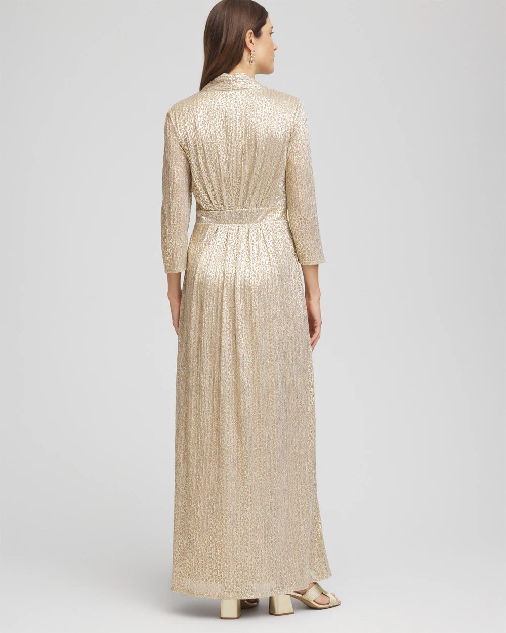 Chico's | Metallic Knit Pleated Maxi Dress/ Gold