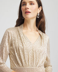 Chico's | Metallic Knit Pleated Maxi Dress/ Gold
