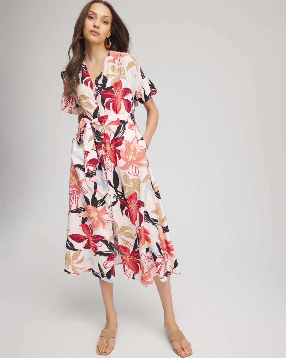 Chico's | Tonal Floral Ruffle-Sleeved Midi Dress/ Multi