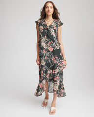 Chico's | Floral Ruffle-Trim Chiffon Dress/ Darkest Spruce