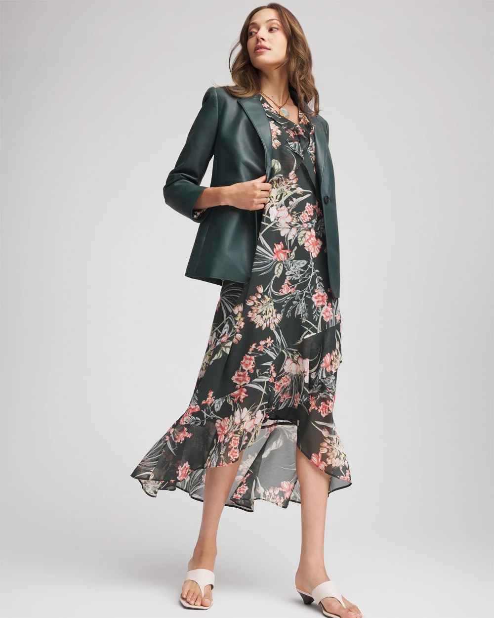 Chico's | Floral Ruffle-Trim Chiffon Dress/ Darkest Spruce