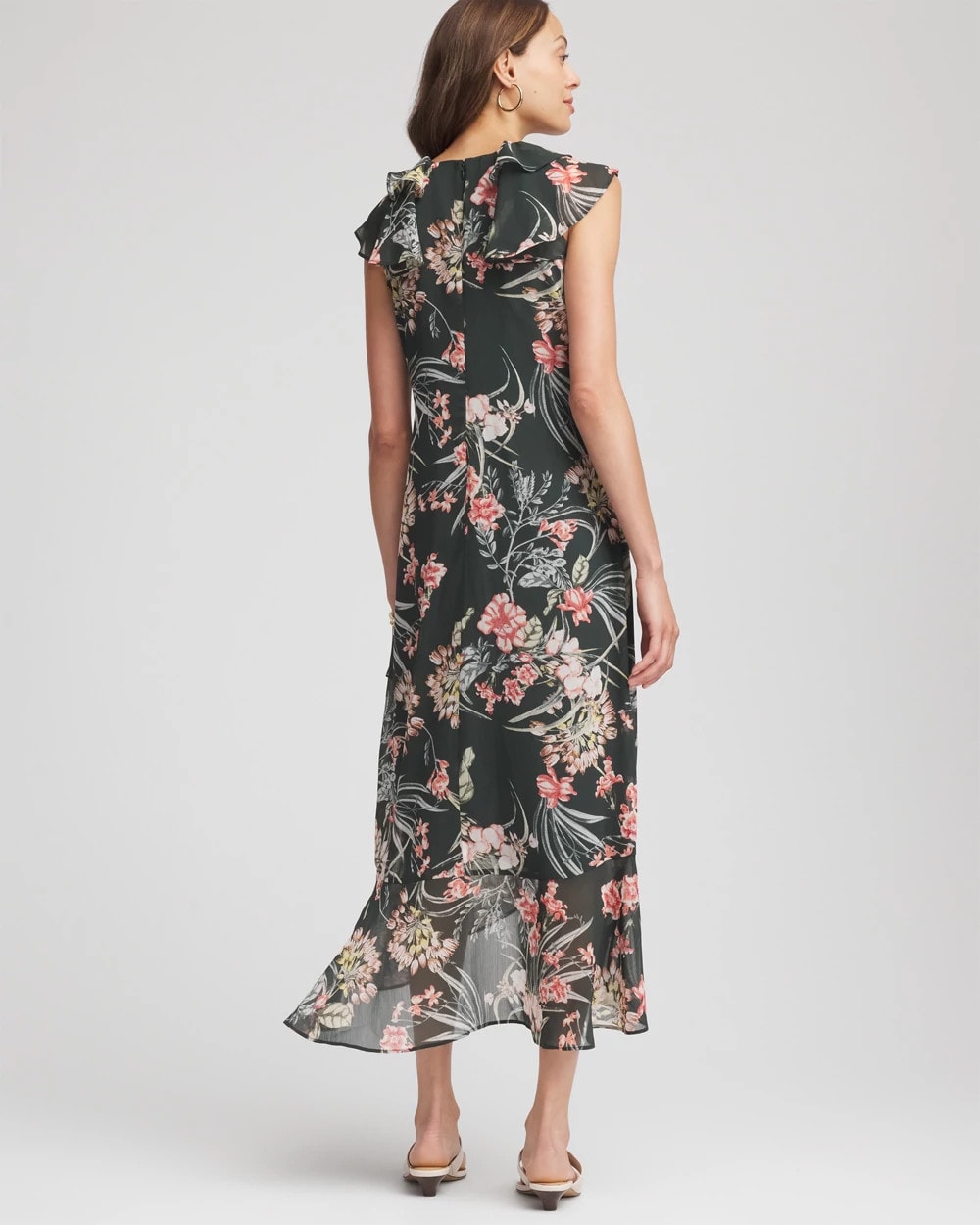 Chico's | Floral Ruffle-Trim Chiffon Dress/ Darkest Spruce