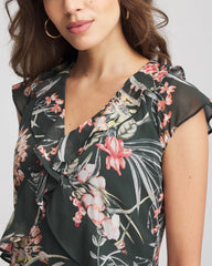 Chico's | Floral Ruffle-Trim Chiffon Dress/ Darkest Spruce