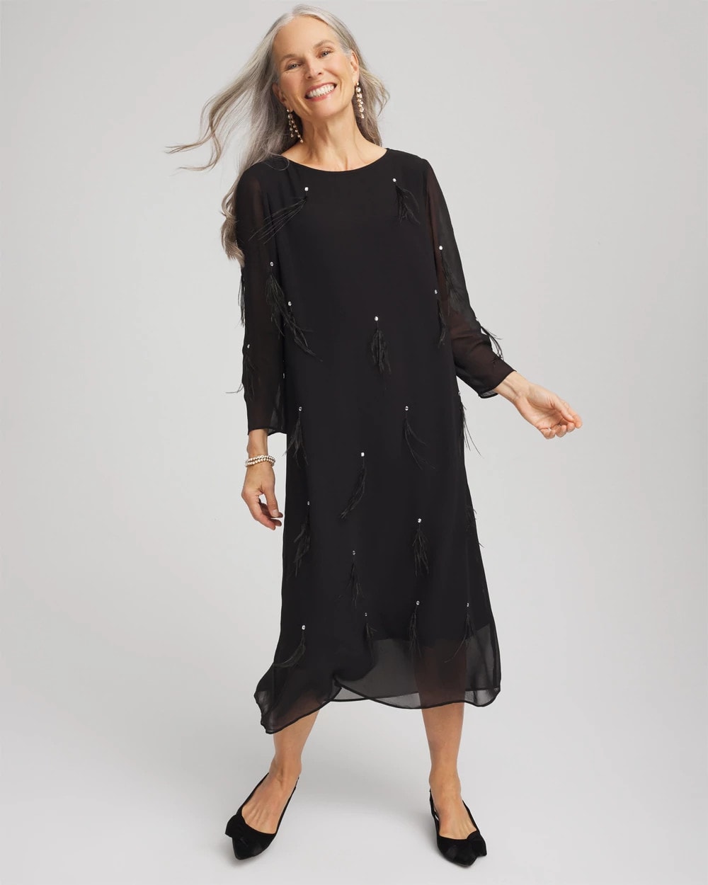 Chico's | Feathered Georgette Popover Dress/ Black