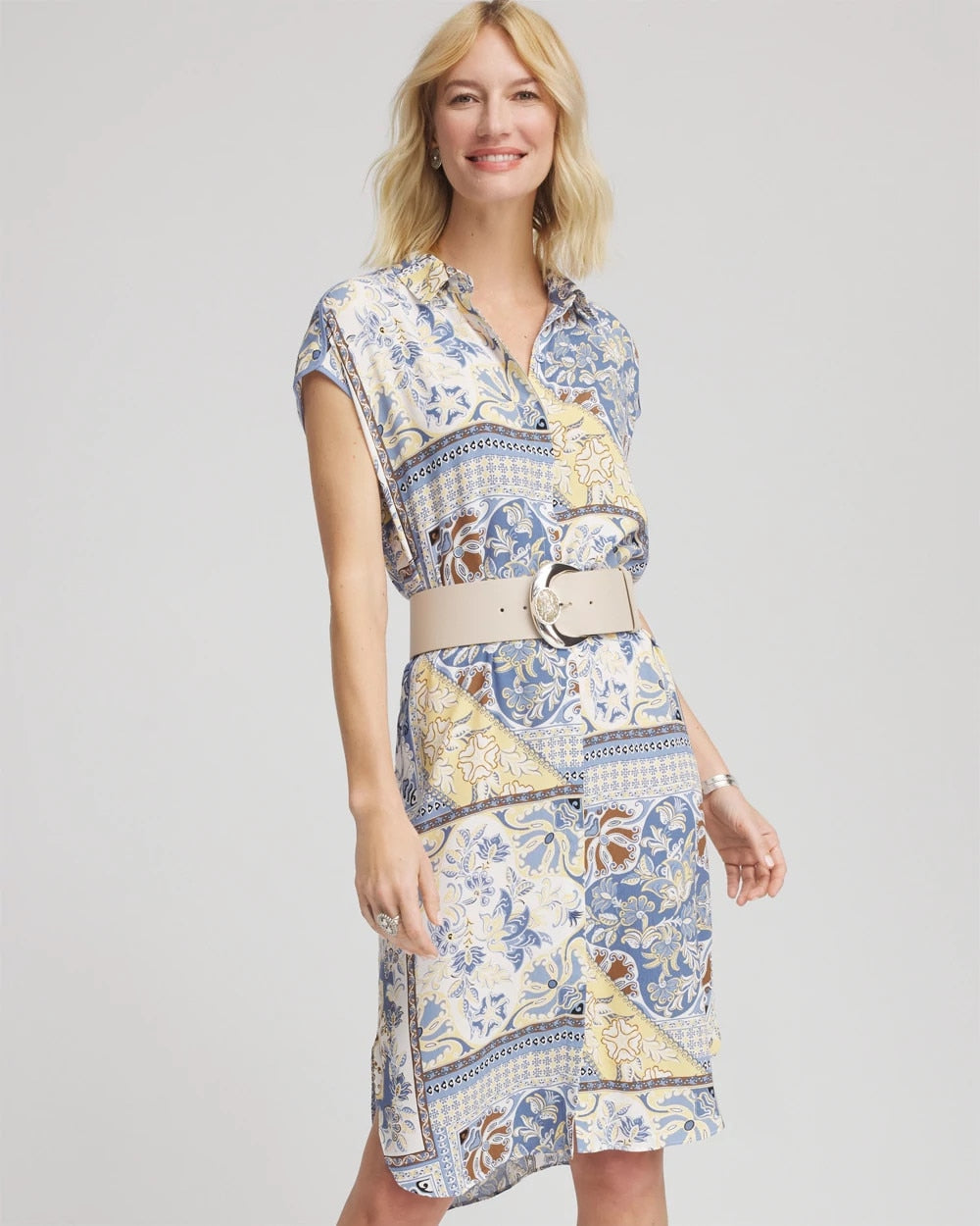 Chico's | Floral Patchwork Short Shirtdress/ Ecru